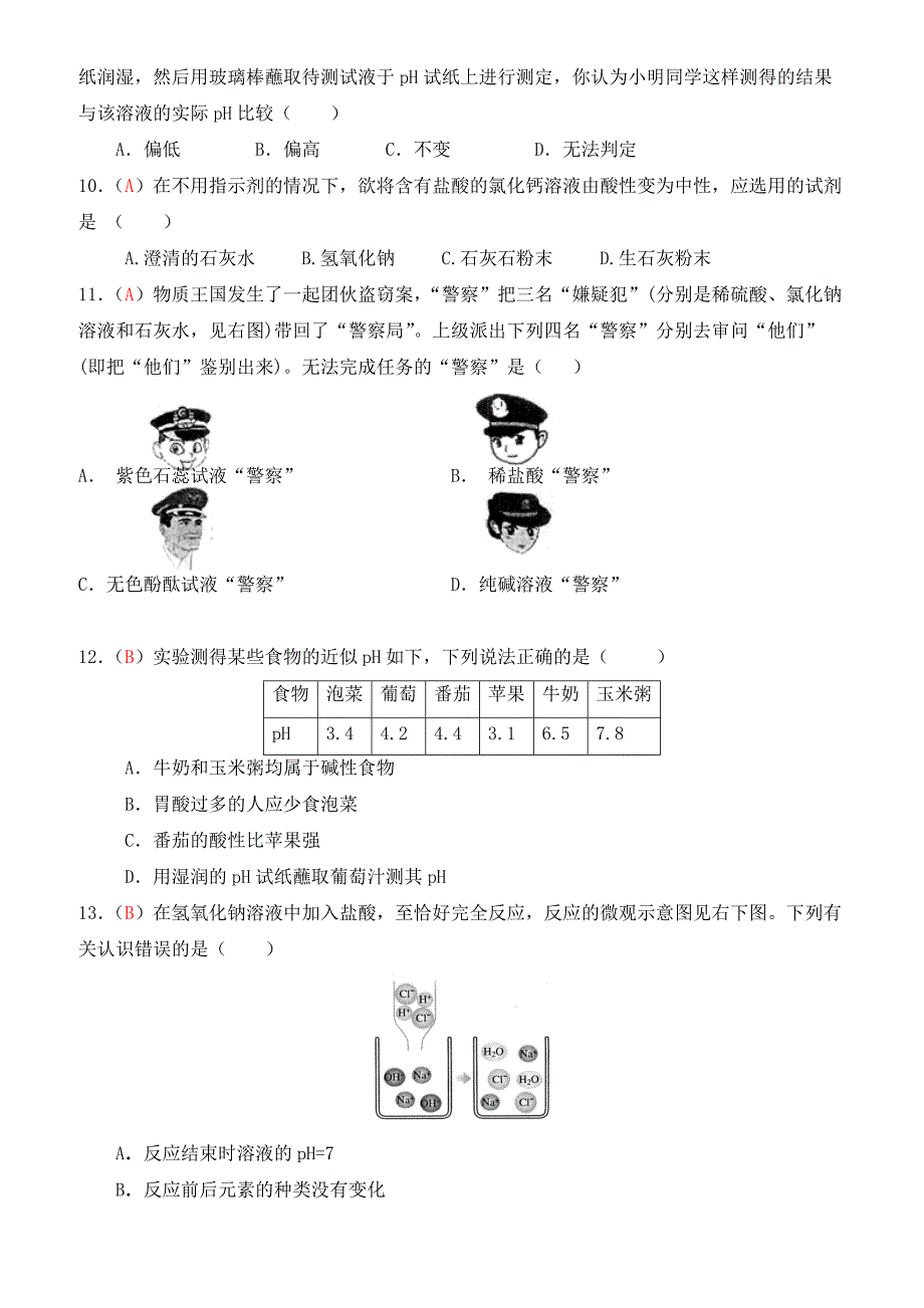 人教版九年级上学期同步检测化学试题_第10单元_酸和碱(有答案)_第2页