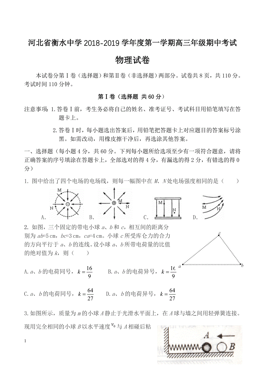 河北省衡水中学2019届高三上学期期中考试物理试卷含答案_第1页