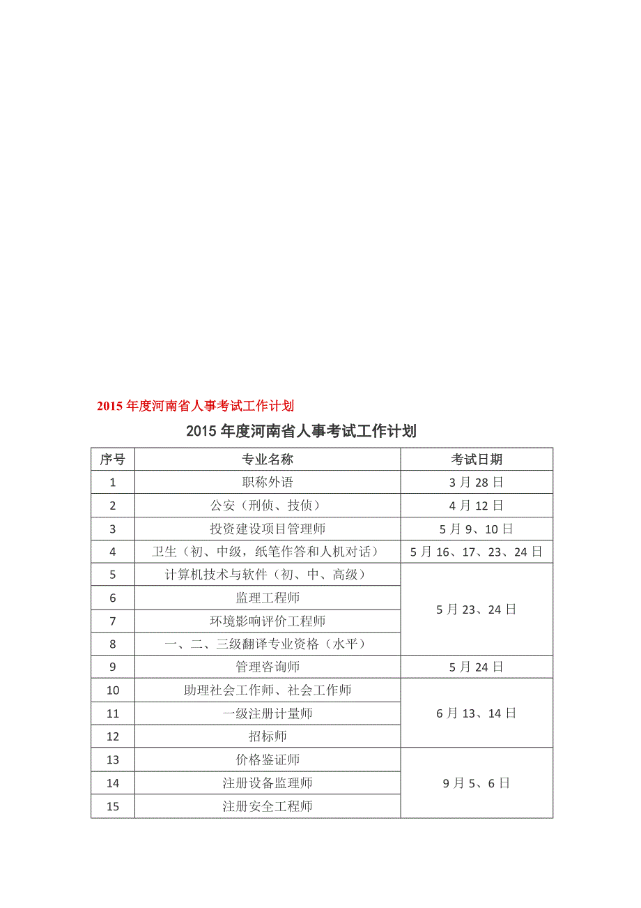 2015年度河南省人事考试工作计划[教育]_第1页