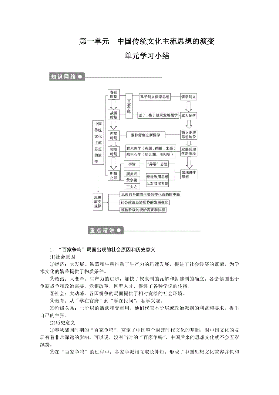 2011—2012学年历史人教必修3同步教学案：第1单元　中国传统文化主流思想的演变单元学习小结_第1页