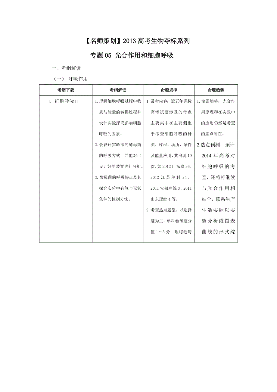 2013届高三生物学案：专题05《光合作用和细胞呼吸》_第1页