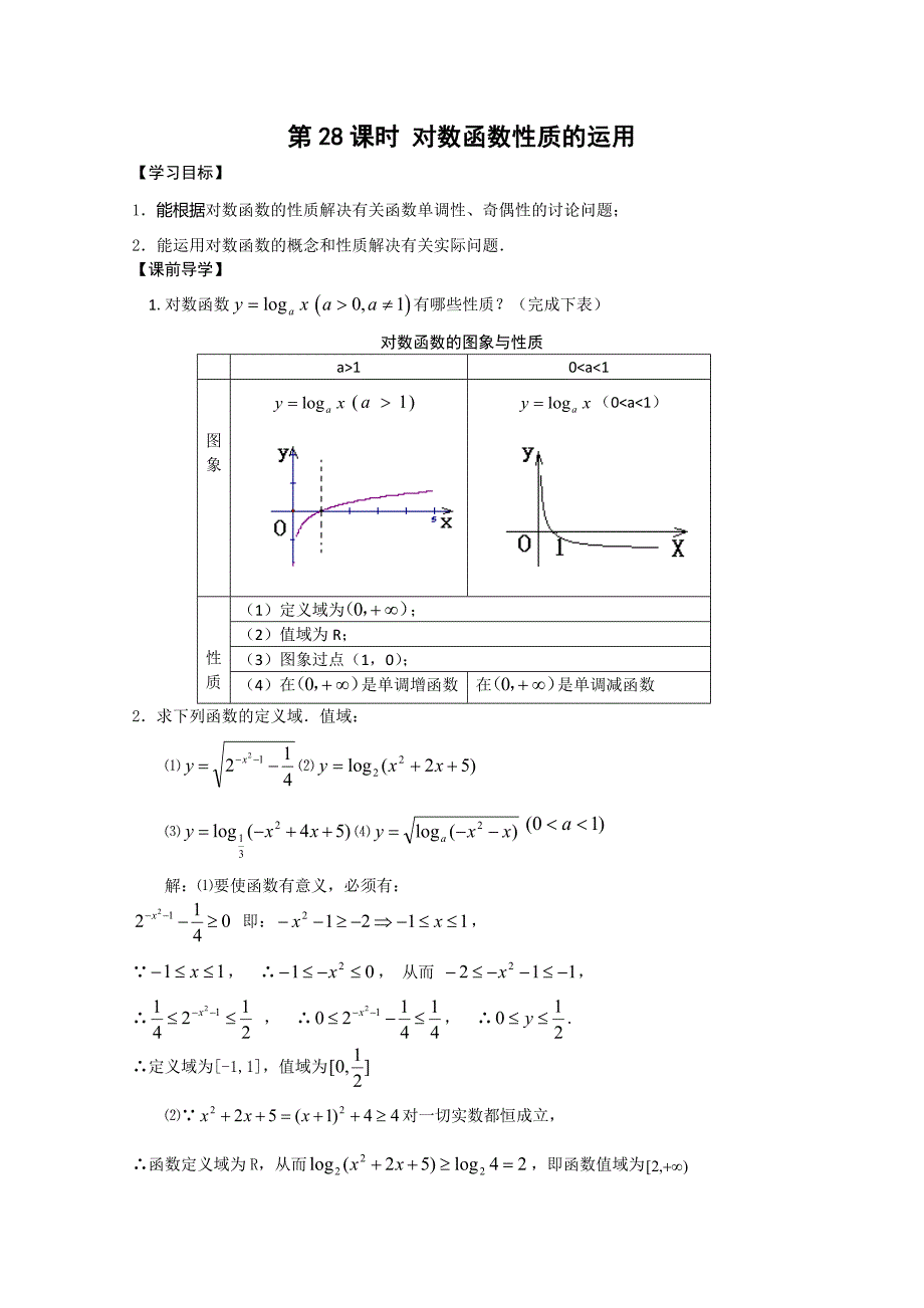 2011年江苏省高中数学学案：28《对数函数性质的运用》（苏教版必修1）_第1页