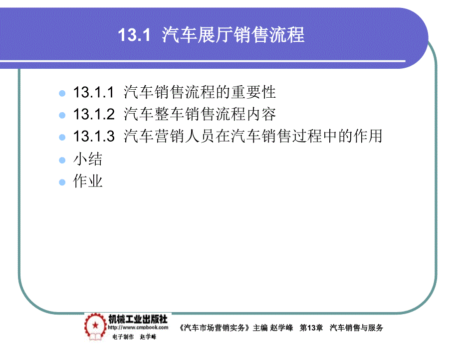 汽车市场营销实务 教学课件 ppt 作者 赵学峰 13-1汽车展厅销售流程_第1页