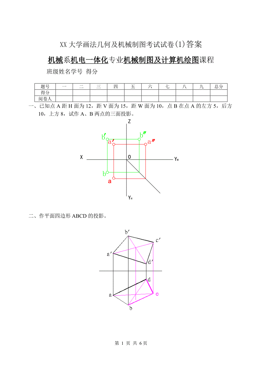xx大学画法几何及机械制图考试试卷(1)答案_第1页