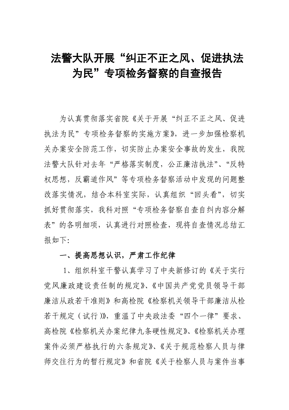 促进执法为民”专项检务督察的自查报告_第1页