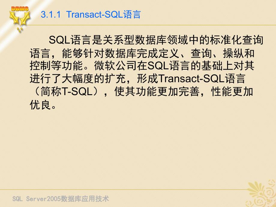SQL Server 2005 数据库应用技术 教学课件 ppt 作者 刘宏 第3章 使用Transact-SQL语言 _第3页