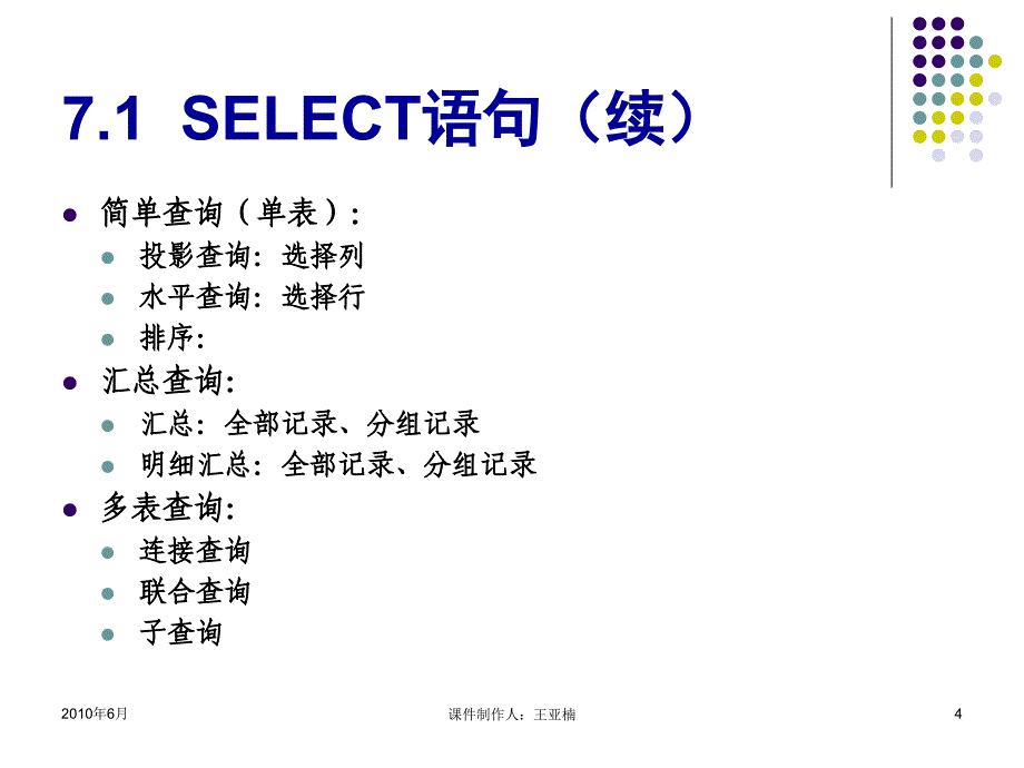 SQL Server 2005数据库应用技术 教学课件 ppt 作者 王亚楠 第7章  数据查询_第4页