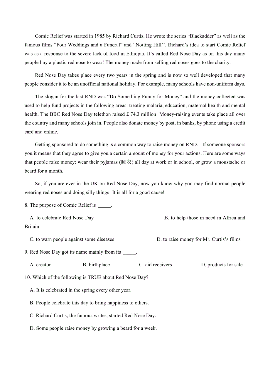 甘肃省民乐一中等2019届高三上学期一调（12月）英语试卷含答案_第4页