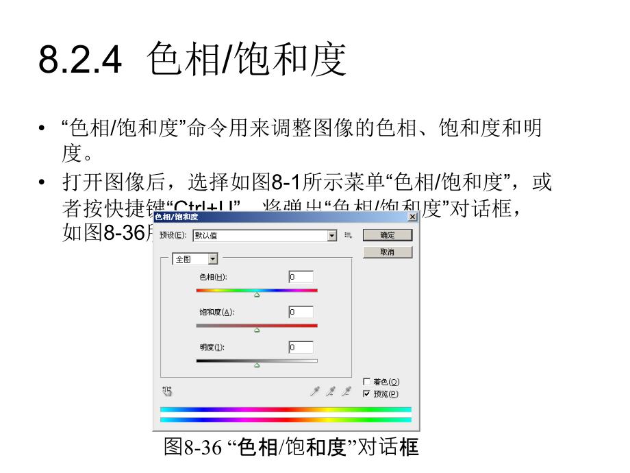 Photoshop图像编辑与处理 教学课件 ppt 作者 沈洪 朱军 等 8.2  图像色彩调整 8.2.4  色相饱和度_第1页