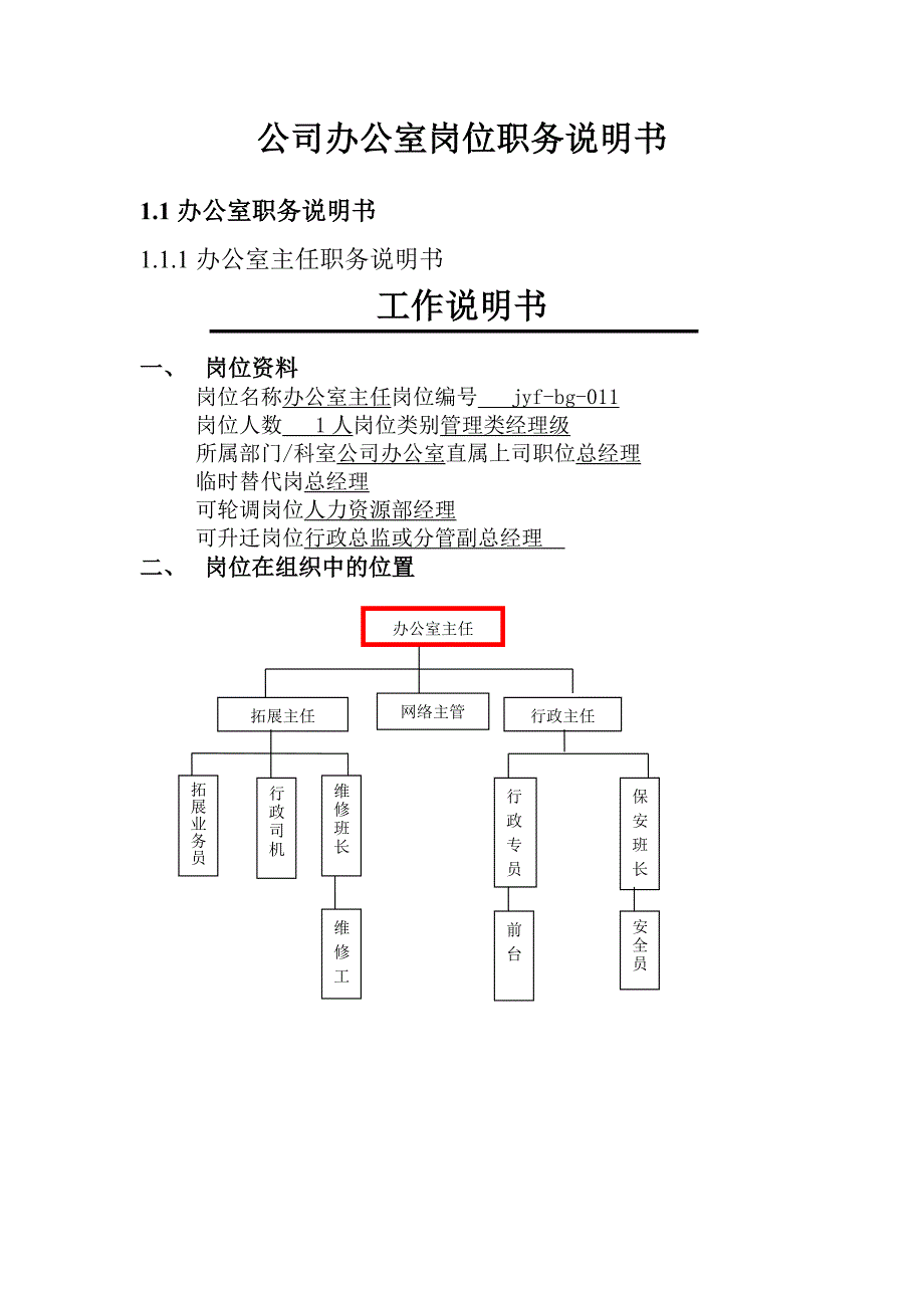 公司办公室岗位职务说明书_第1页