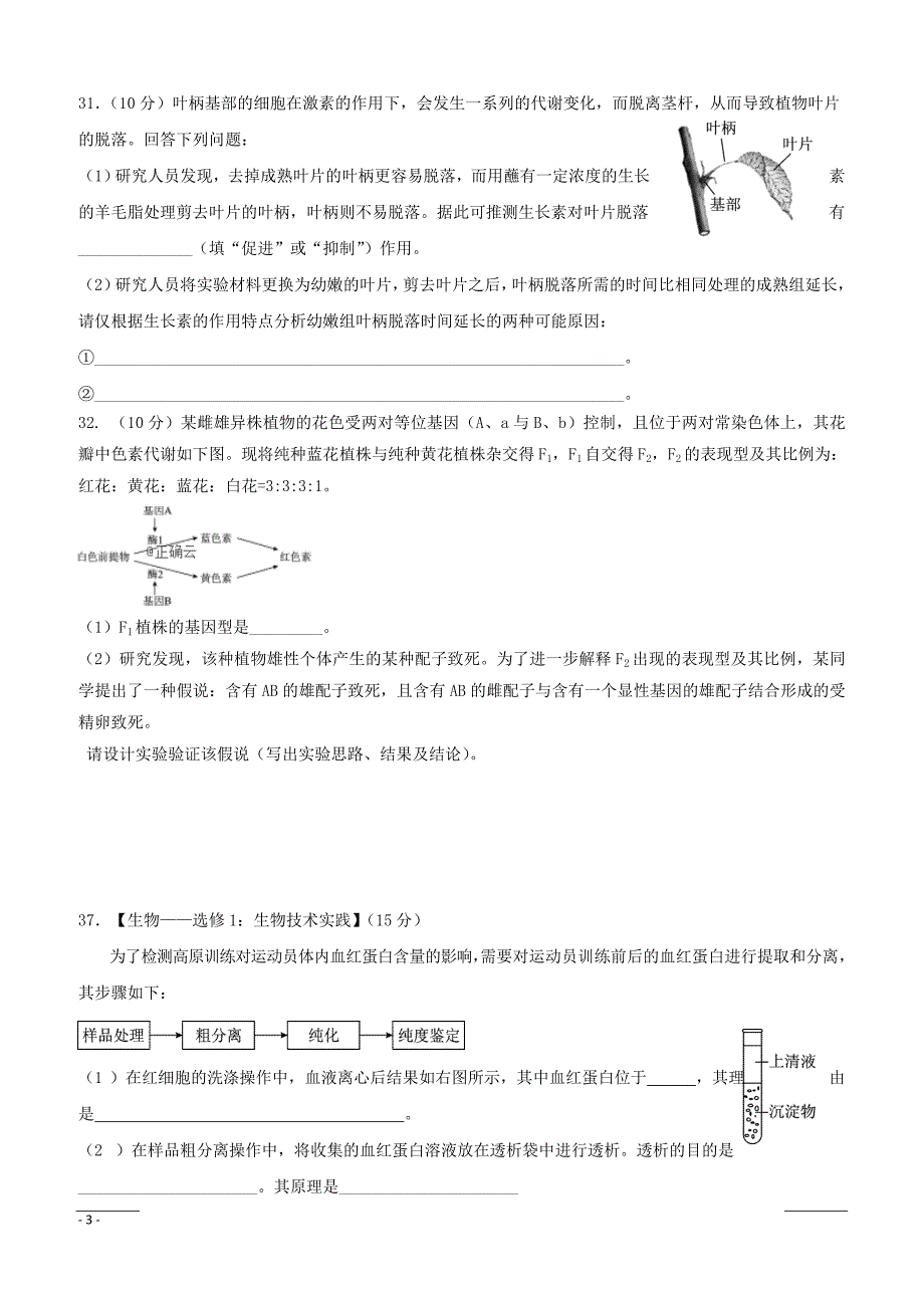 湖北省武汉市2019届高三毕业班5月训练生物试卷附答案_第3页