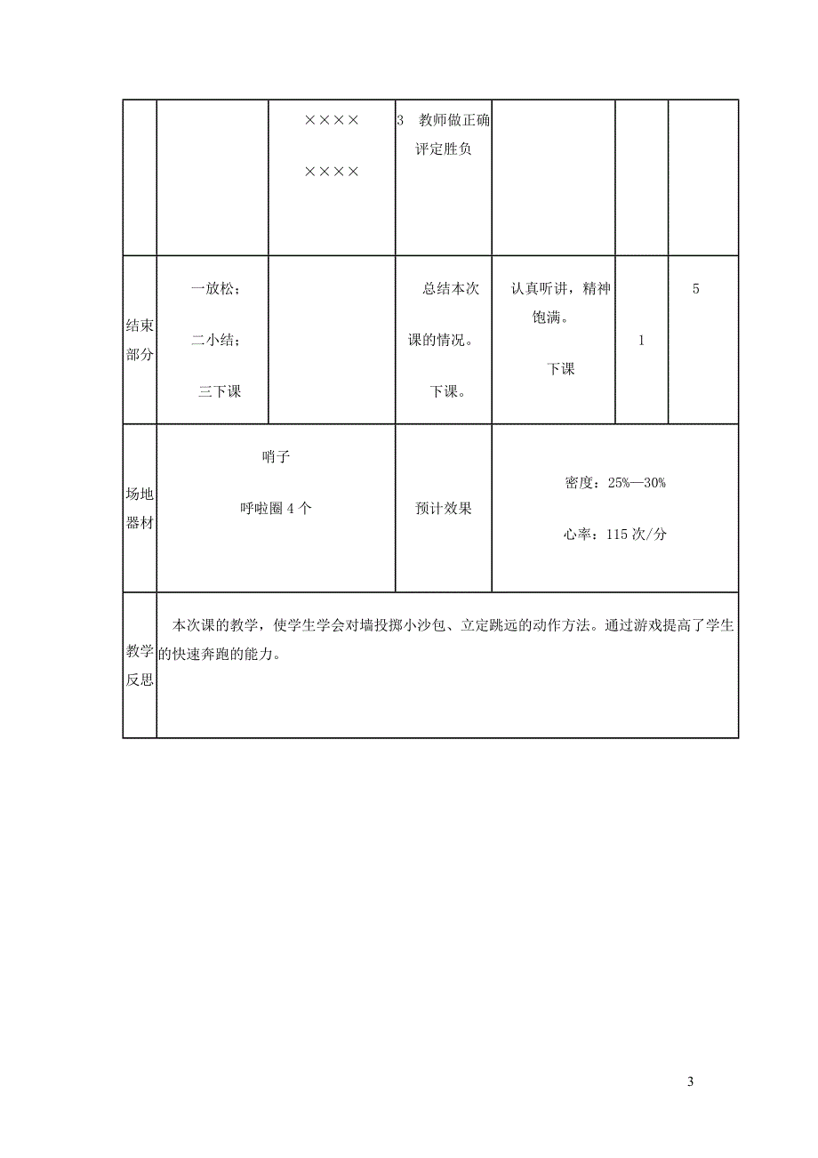 一年级体育下册 对墙投掷小沙包、立定跳远教案_第3页