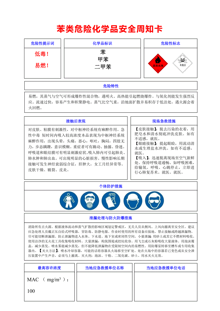 苯危险化学品安全周知卡_第1页