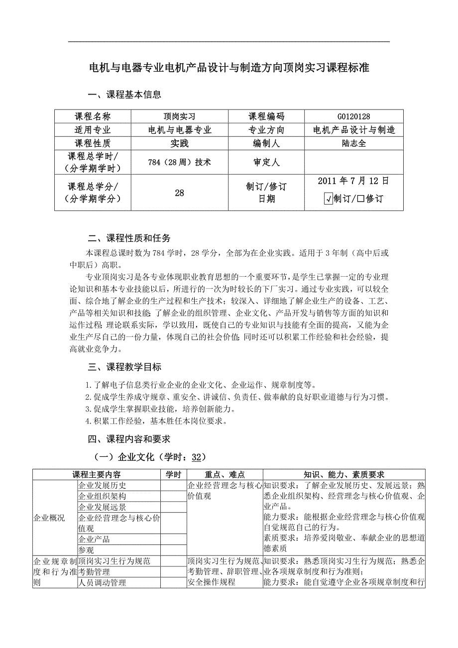 顶岗实习课程标准-电机设计与制造_第1页