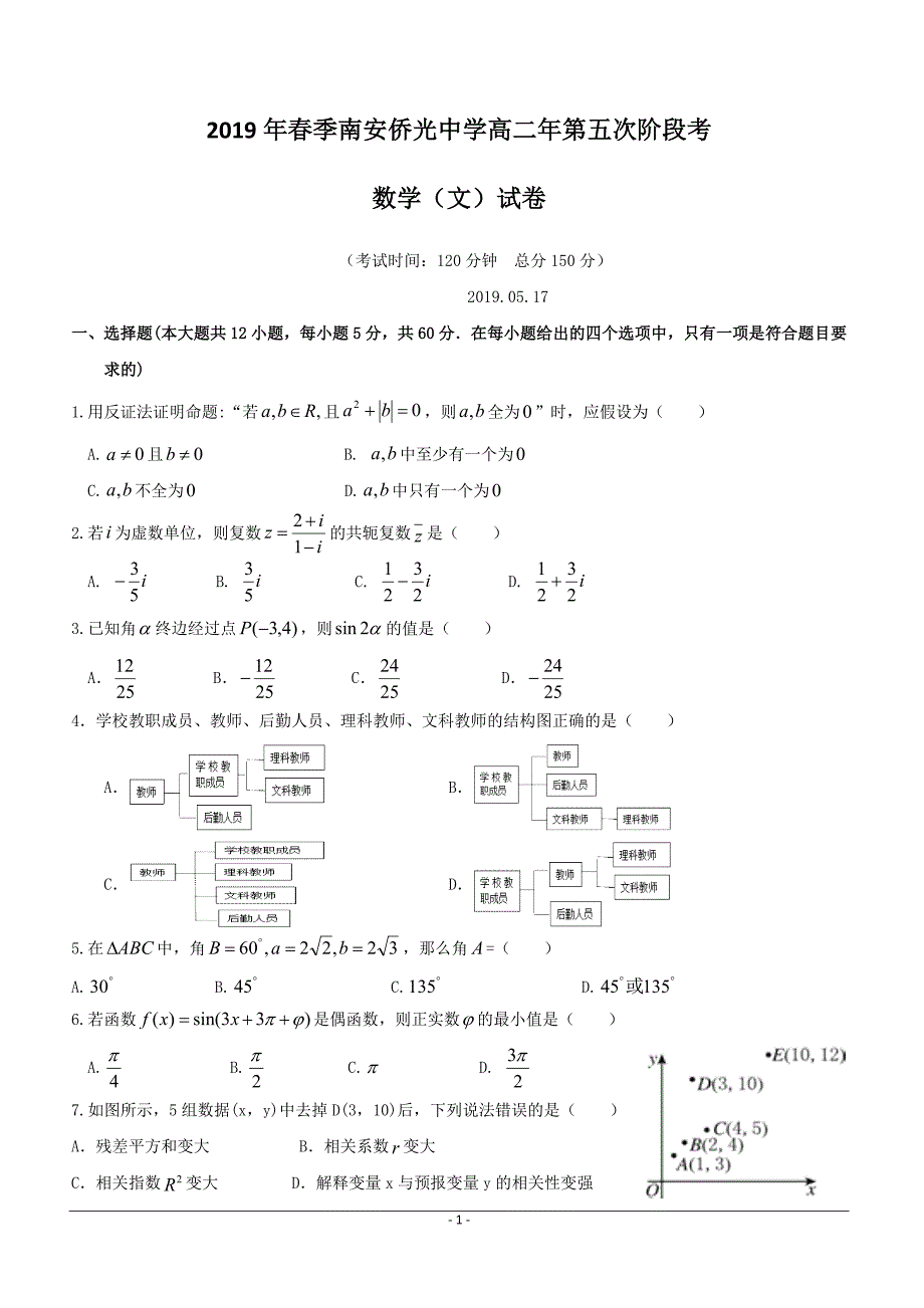 福建省2018-2019学年高二5月月考数学（文）试题附答案_第1页