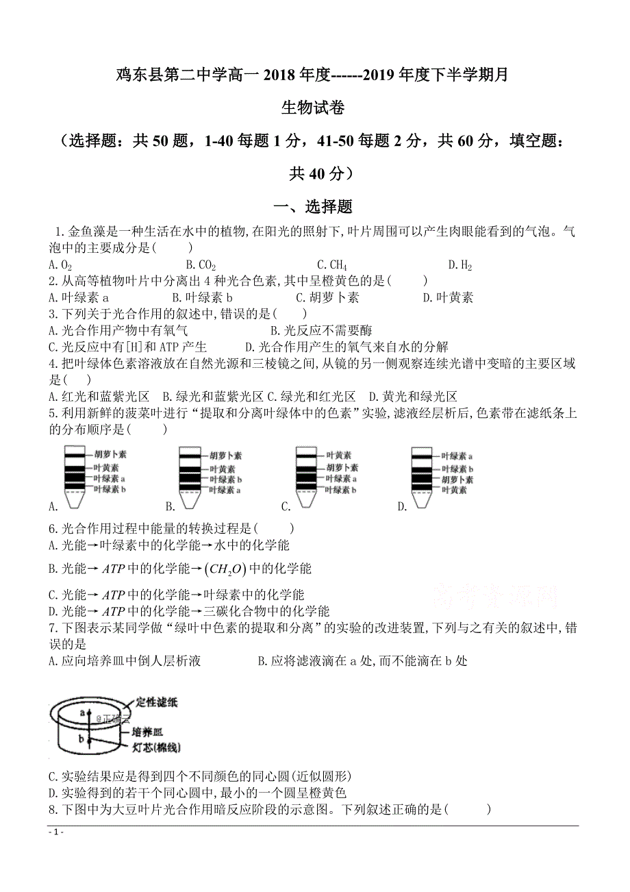 黑龙江省鸡东县第二中学2018-2019高一5月月考生物试卷附答案_第1页