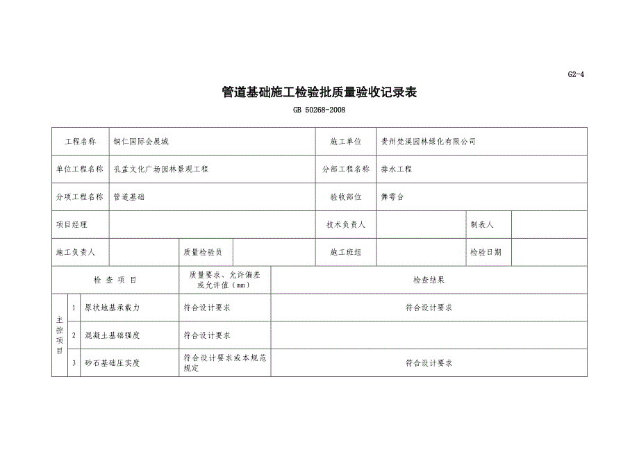 G2-4 管道基础施工检验批质量验收记录 舞雩台.doc_第1页