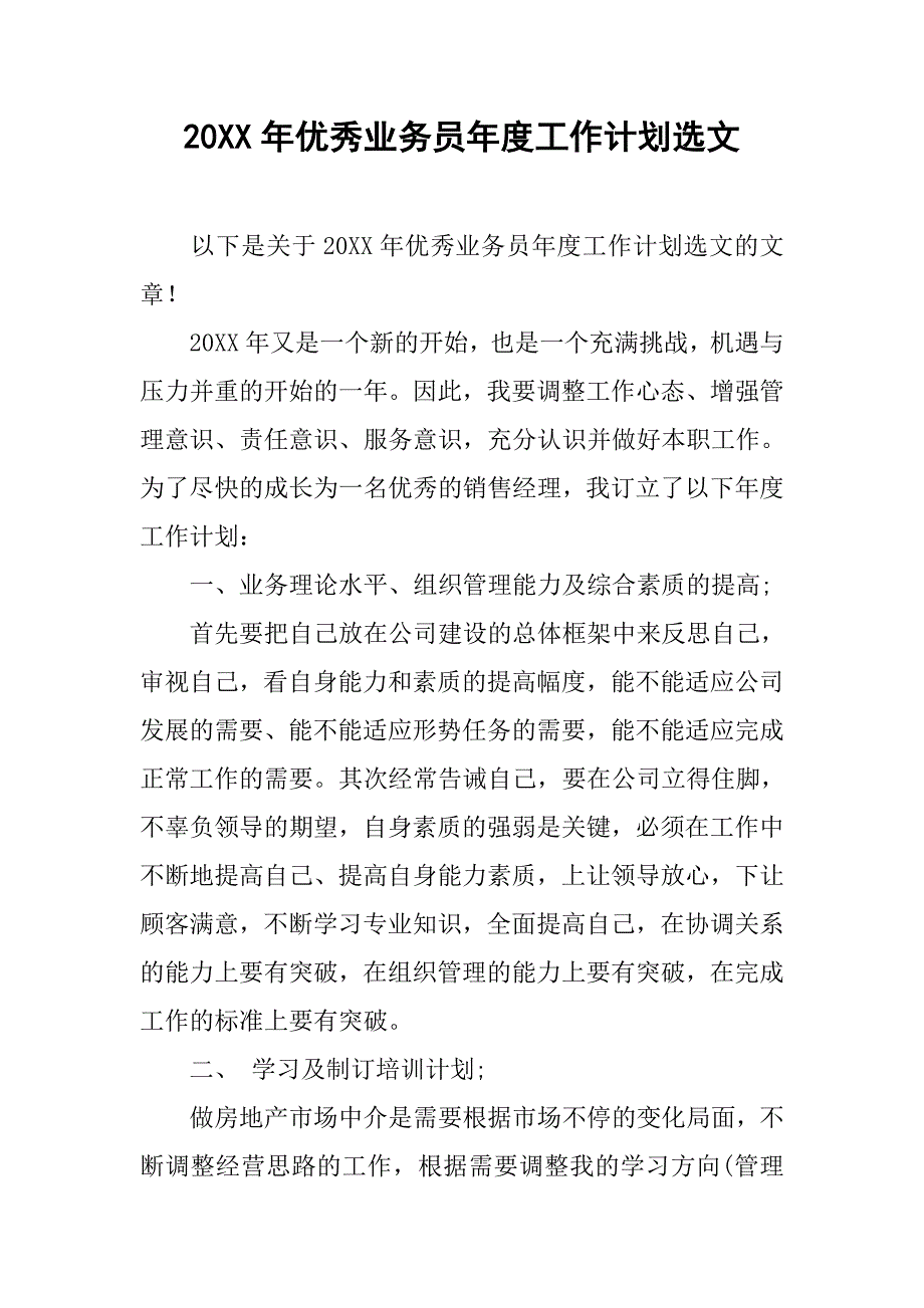 20xx年优秀业务员年度工作计划选文_第1页