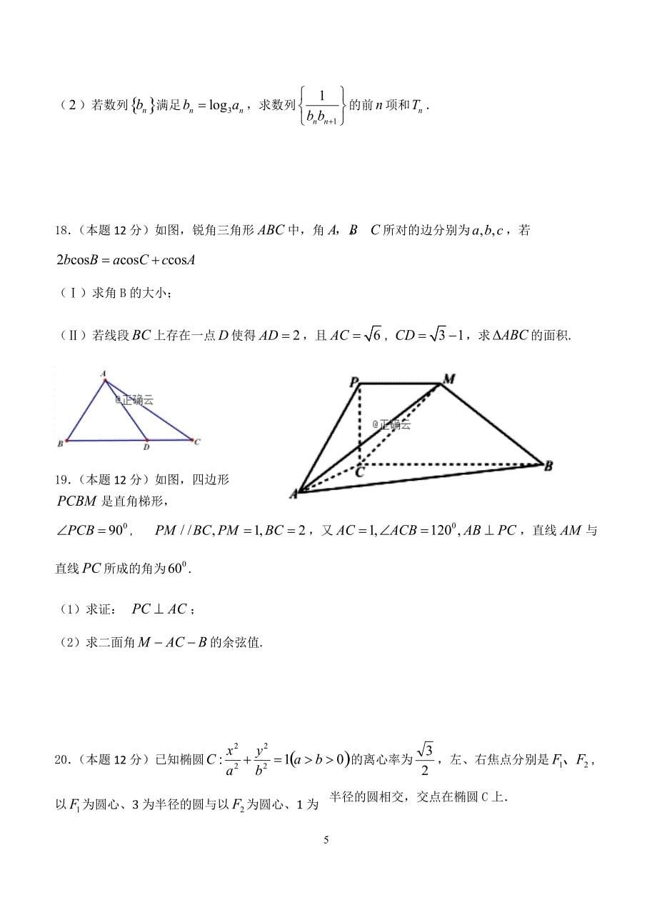 江西省吉安市2019届高三上学期五校联考数学（理）试卷含答案_第5页