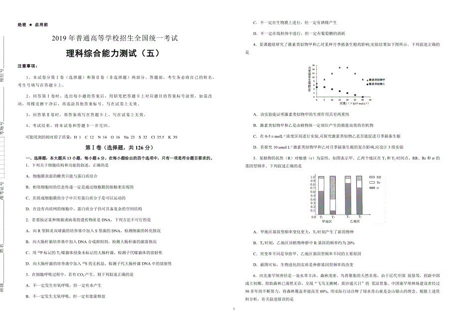 2019年高考高三最新信息卷理综（五）附答案解析_第1页