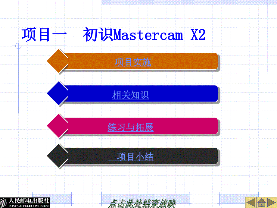 Mastercam X2中文版机械设计与加工教程配套课件 教学课件 PPT 作者 谭雪松 项目1_第1页