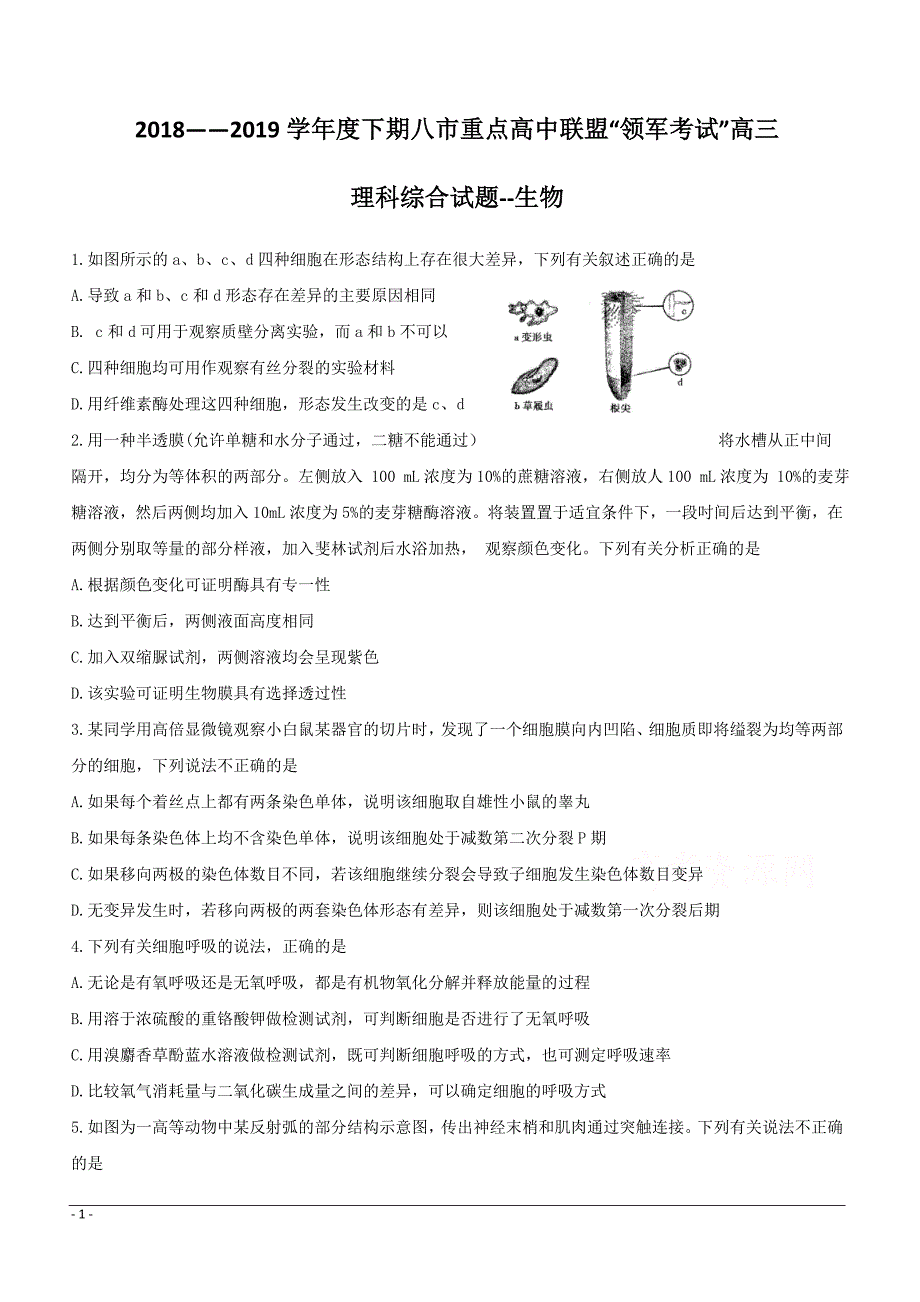 河南省八市重点高中联盟“领军考试”2019届高三第四次测评试题理科综合--生物附答案解析_第1页