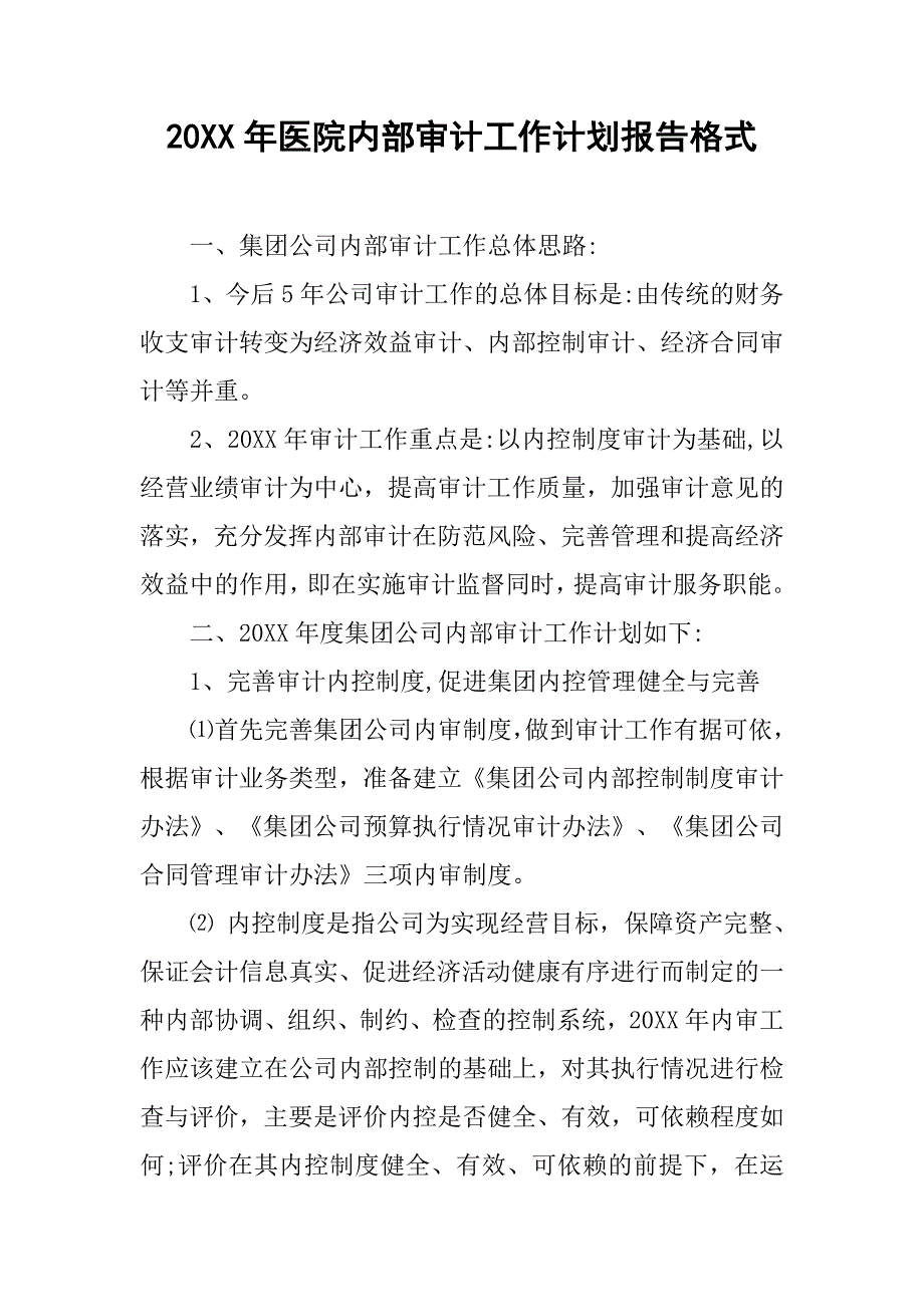 20xx年医院内部审计工作计划报告格式_第1页