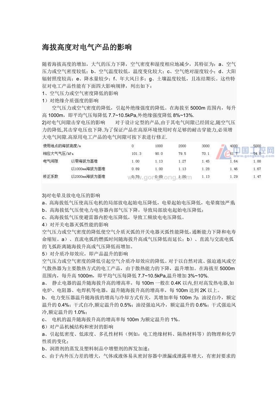 海拔高度对电气产品的影响_第1页