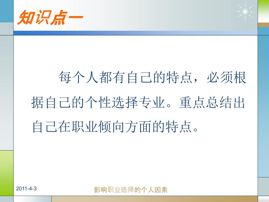 择业宝典 教学课件 ppt 作者 陈伟娜 模块一专题三项目三（影响职业选择的个人因素_第4页