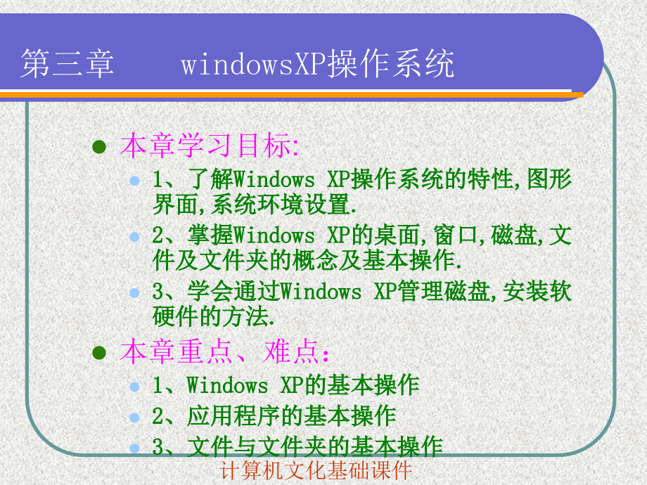 计算机文化基础 WindowsXP版  教学课件 ppt 作者  连卫民 王秀玲 第3章 windows xp操作系统_第1页