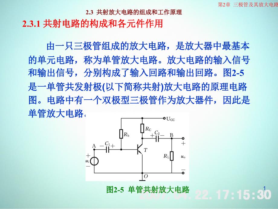 低频电子线路 教学课件 ppt 作者 刘树林 程红丽 2-3共射极基本放大电路的工作原理_第1页