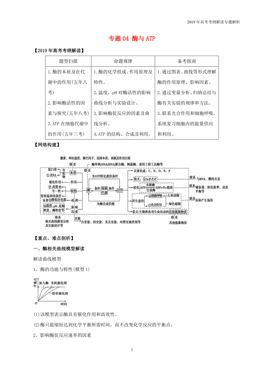 2019年高考生物考纲解读专题04酶与atp教学案_第1页