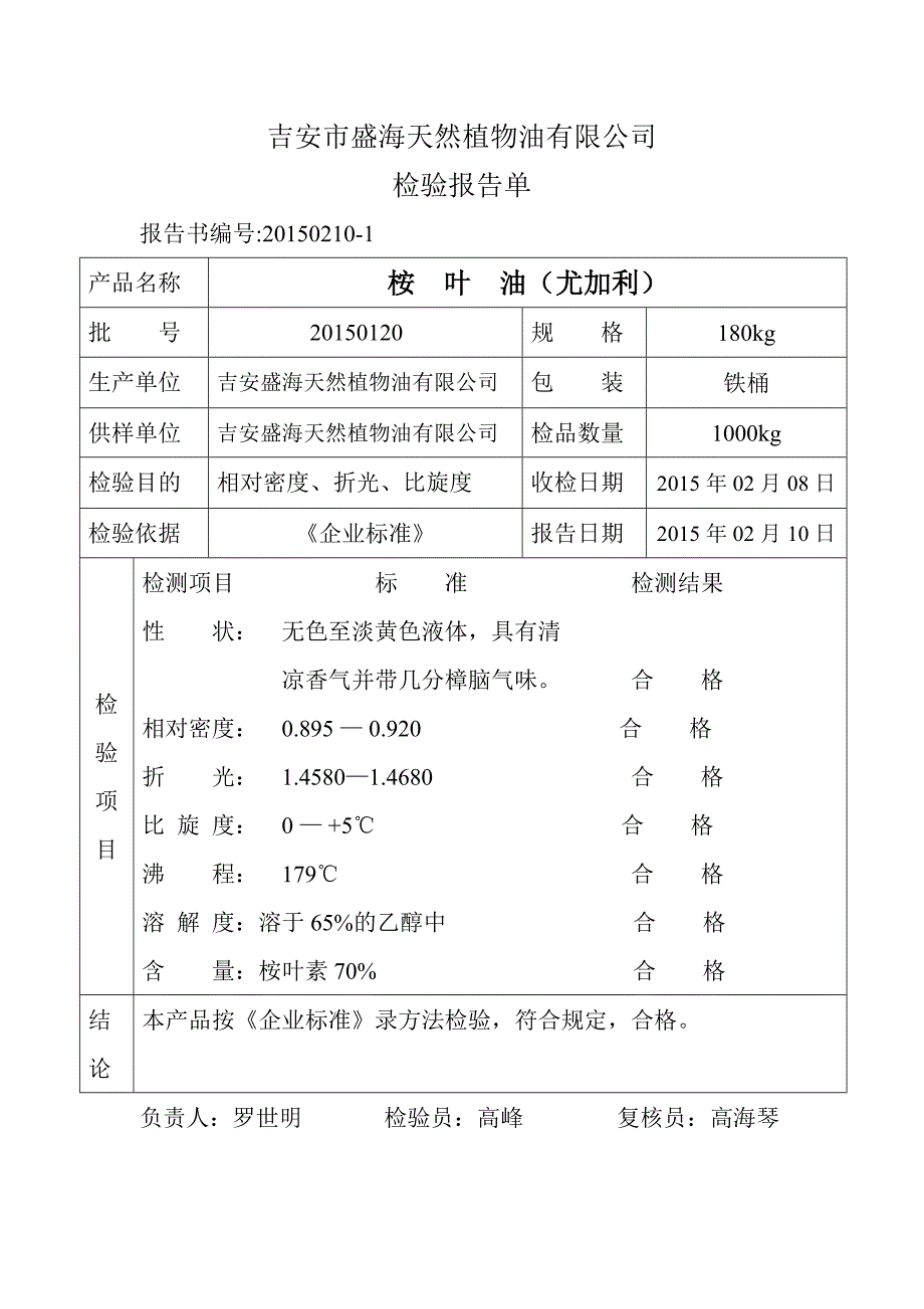 吉安市盛海天然植物油有限公司检验报告单_第1页