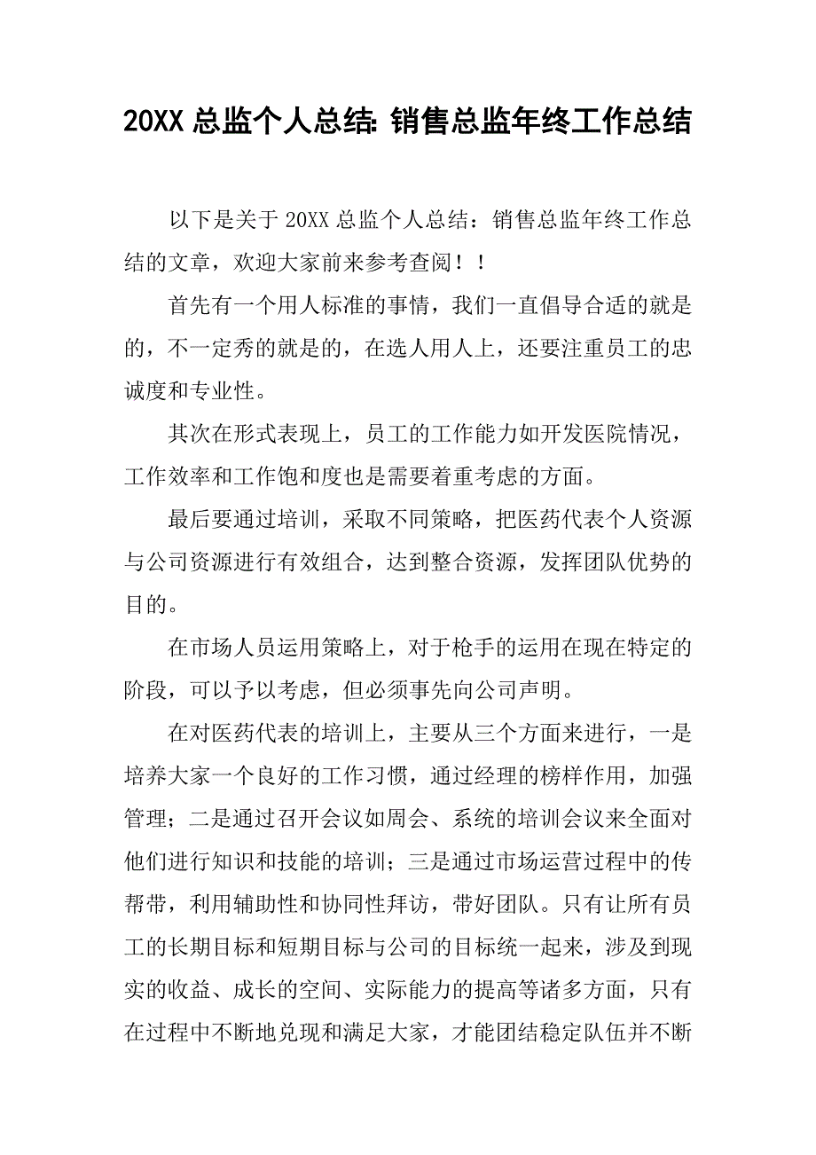 20xx总监个人总结：销售总监年终工作总结_第1页