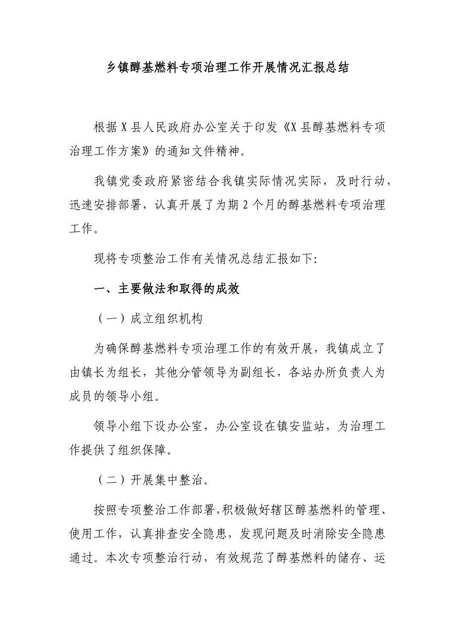 乡镇醇基燃料专项治理工作开展情况汇报总结_第1页