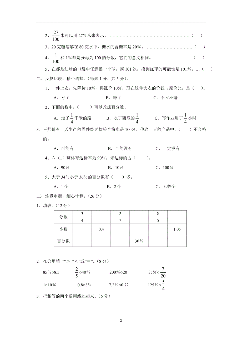 苏教版国标本小学六年级(上册)数学第六单元测试卷$607480_第2页