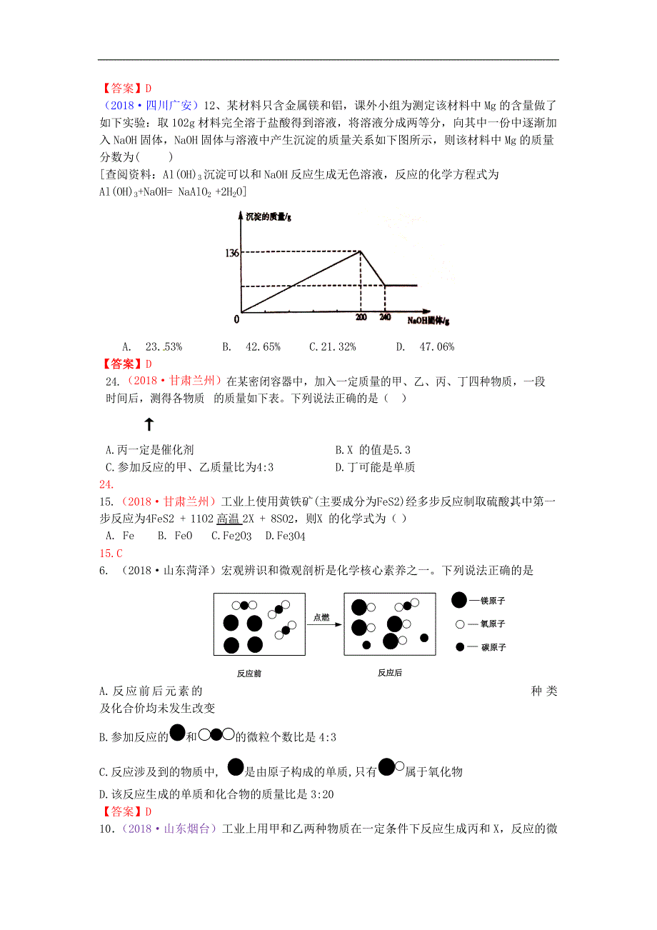 2018年全国各地中考化学真题分类汇编考点：考点19质量守恒定律和化学方程式（含答案）_第3页