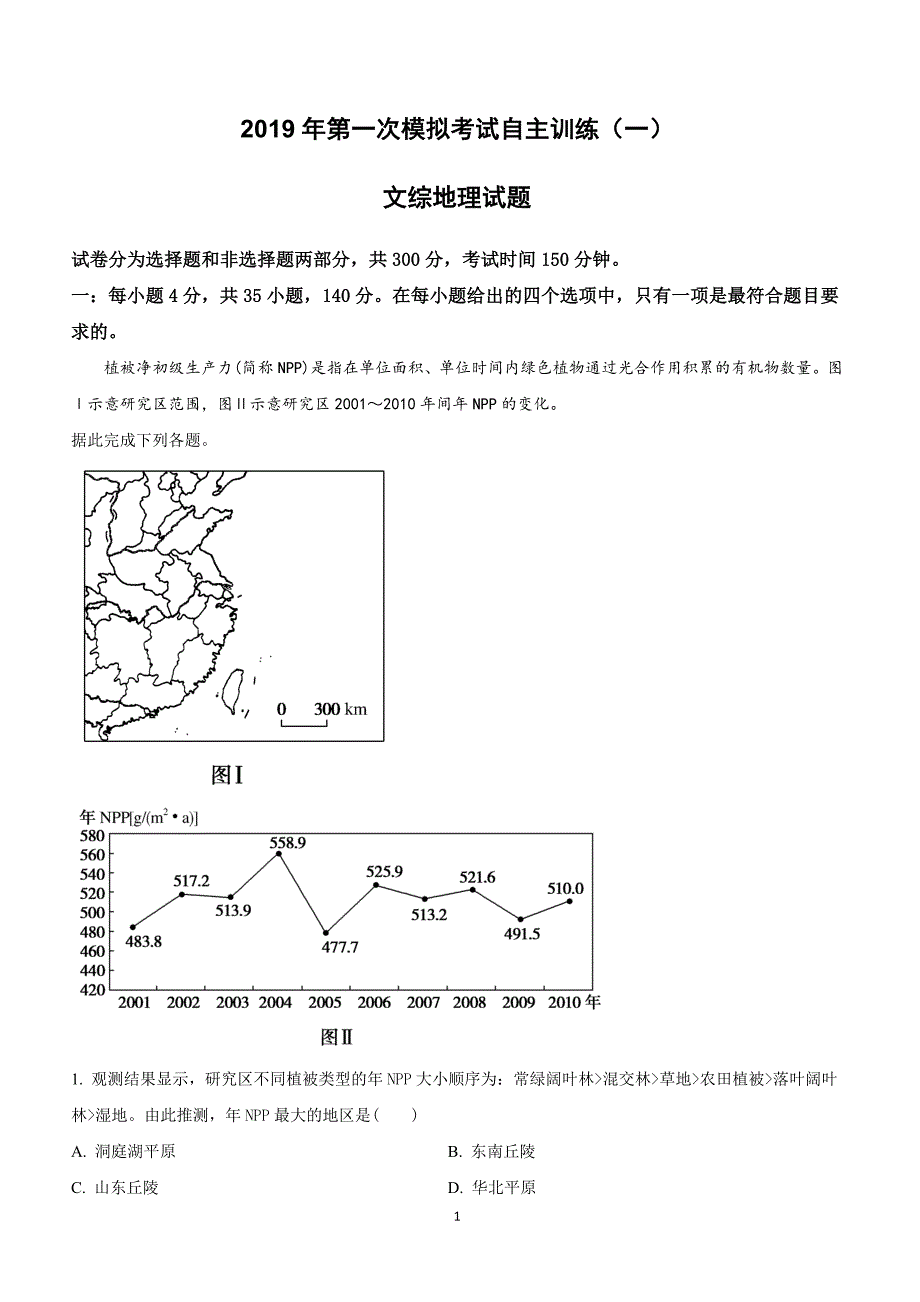 山东省聊城市聊城一中2019届高三3月份模拟考试文科综合地理试卷含答案解析_第1页