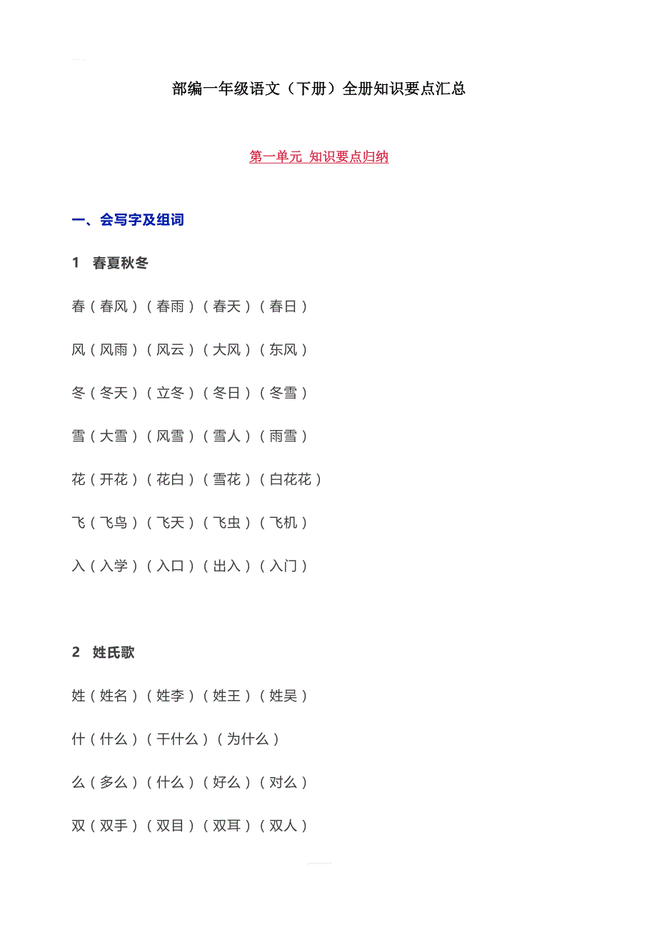 部编一年级语文（下册）全册知识要点汇总(1)_第1页