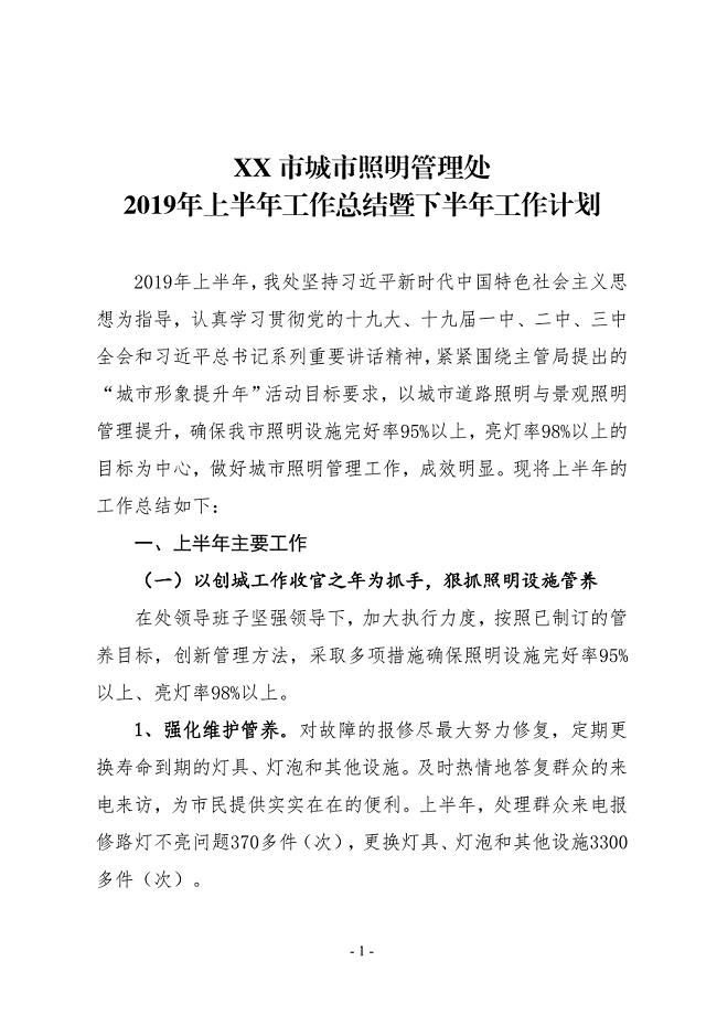 XX市城市照明管理处2019年上半年工作总结暨下半年工作计划