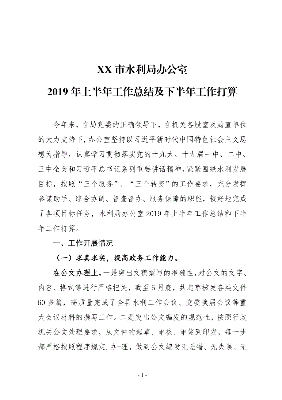 XX市水利局办公室2019年上半年工作总结及下半年工作打算_第1页