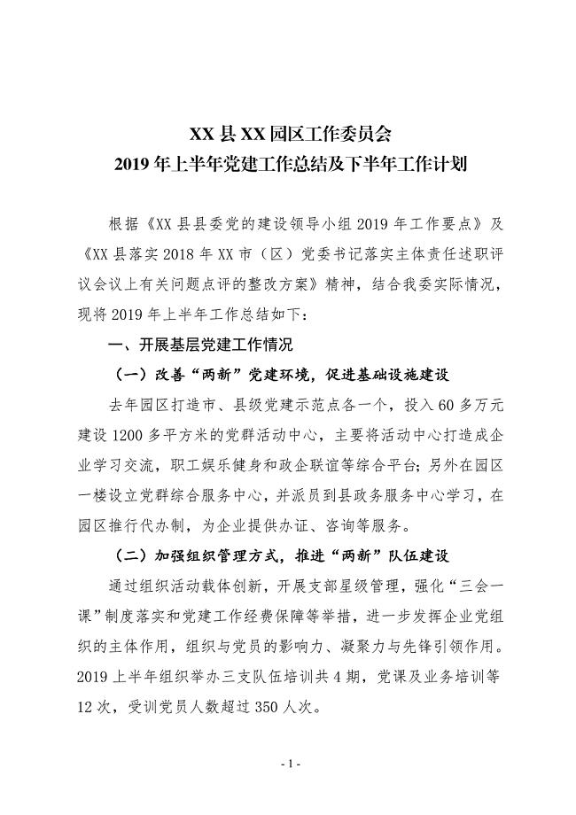 XX县XX园区工作委员会2019年上半年党建工作总结及下半年工作计划