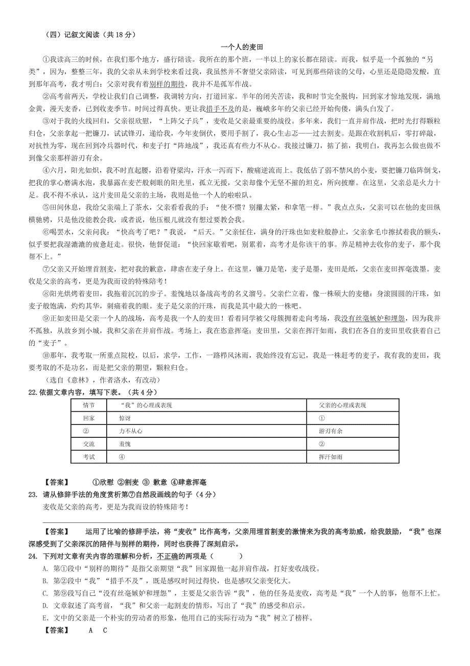 《一个人的麦田》阅读练习及答案.doc_第1页