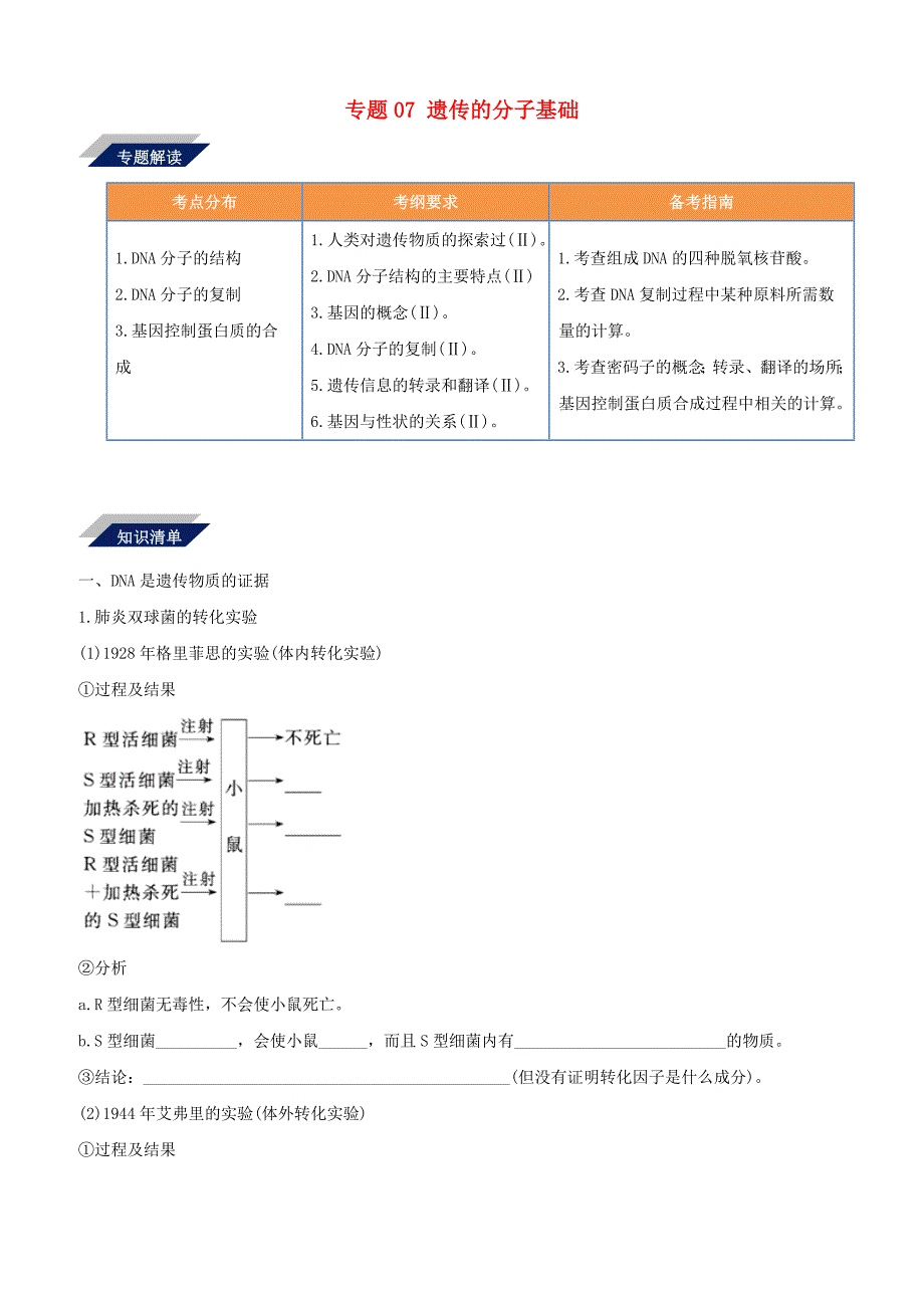 备战2019年高考生物二轮复习新突破专题07遗传的分子基础学案含答案解析_第1页