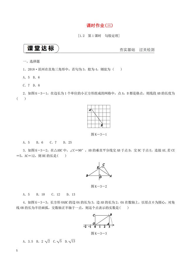 湘教版2019八年级数学下册第1章1.2直角三角形的性质与判定Ⅱ第1课时勾股定理练习含答案