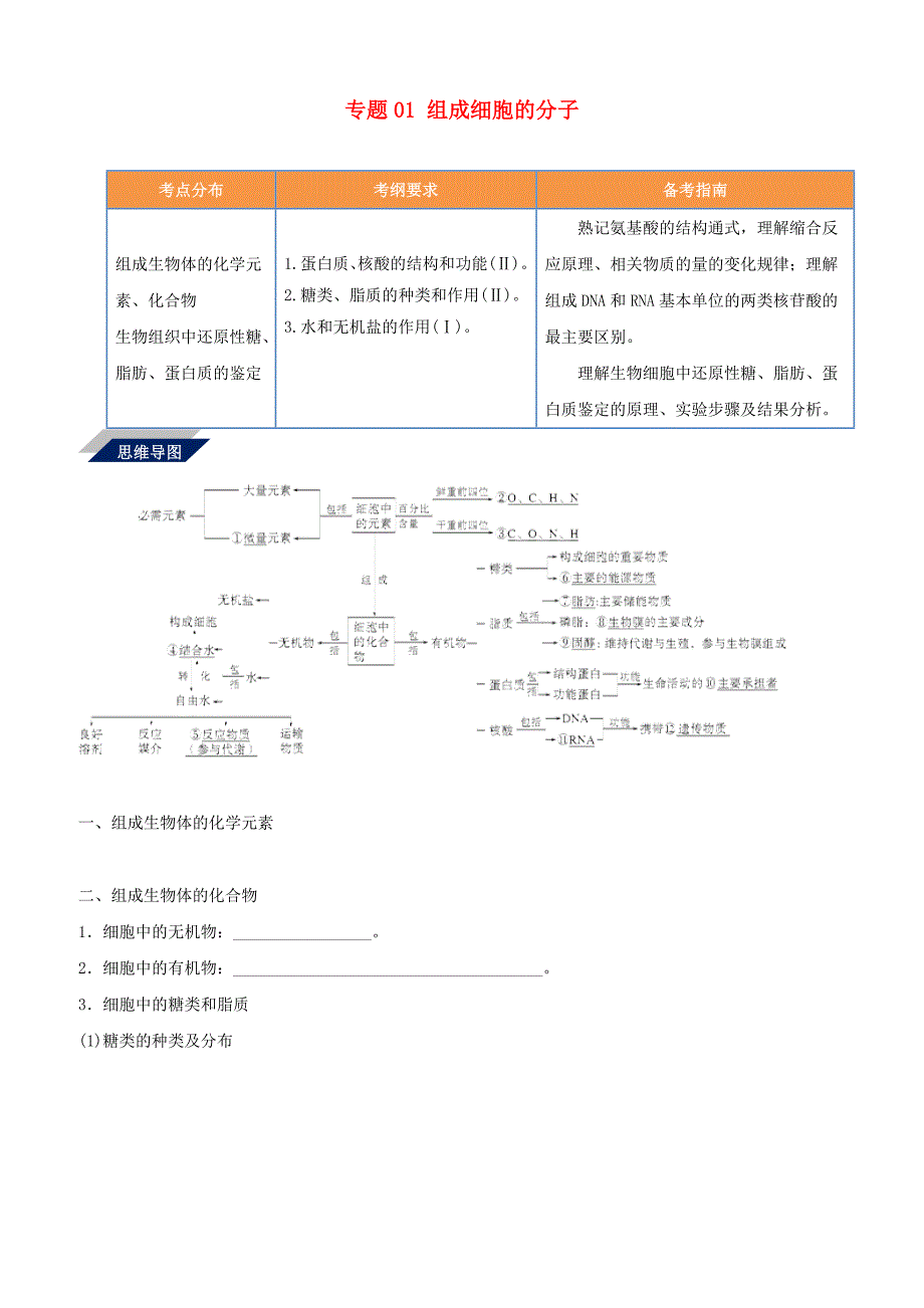 备战2019年高考生物二轮复习新突破专题01组成细胞的分子学案含答案解析_第1页