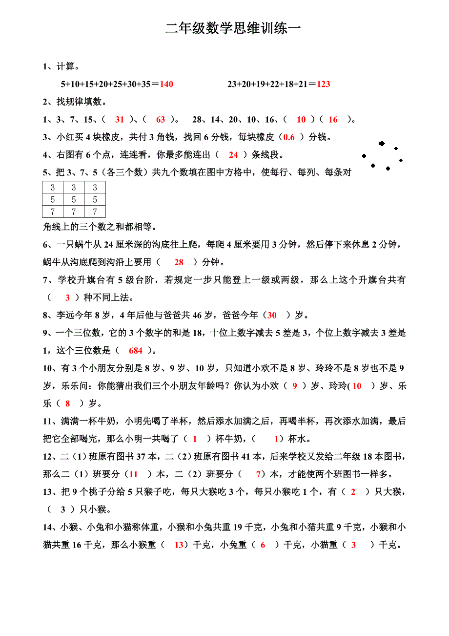 2017二年级数学思维训练1-14(1-3 含答案)_第1页