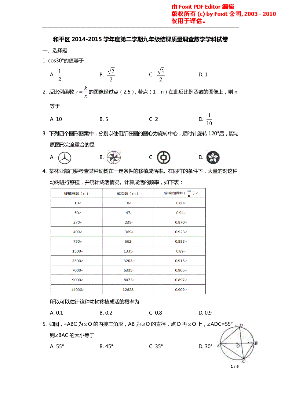 2015年天津市和平区结课考数学试卷_第1页