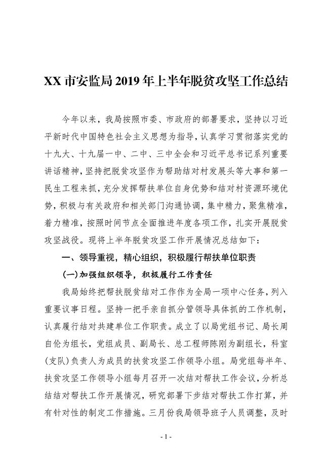 XX市安监局2019年上半年脱贫攻坚工作总结