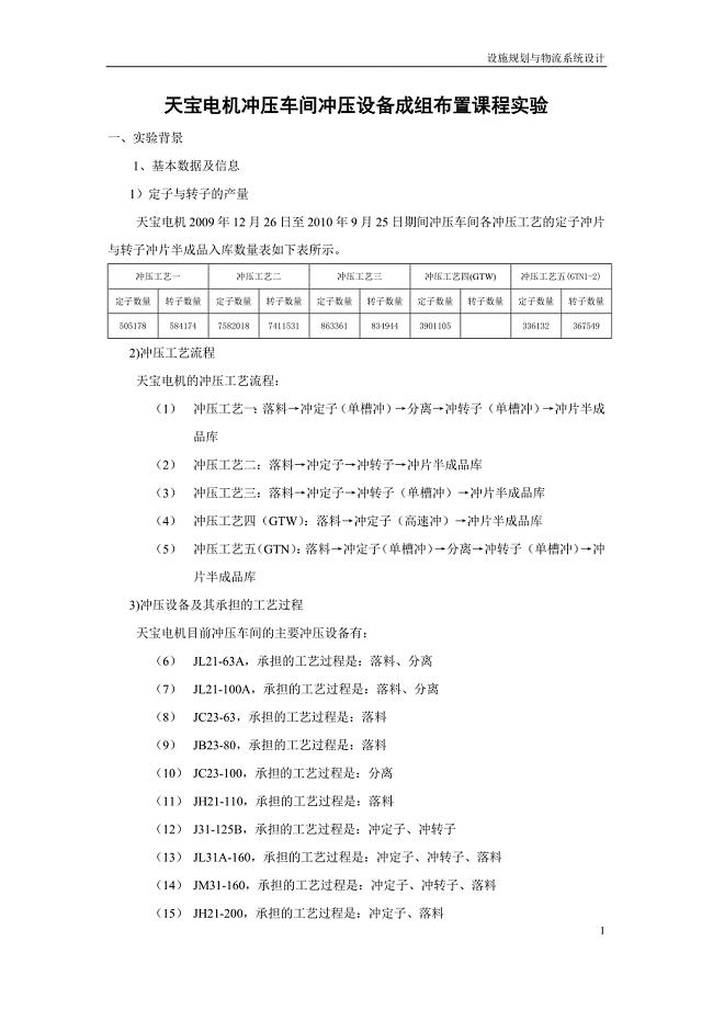 天宝电机冲压车间冲压设备成组布置课程实验